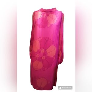 Vintage 1970s dress hot pink and orange psychedelic floral chiffon Union Made